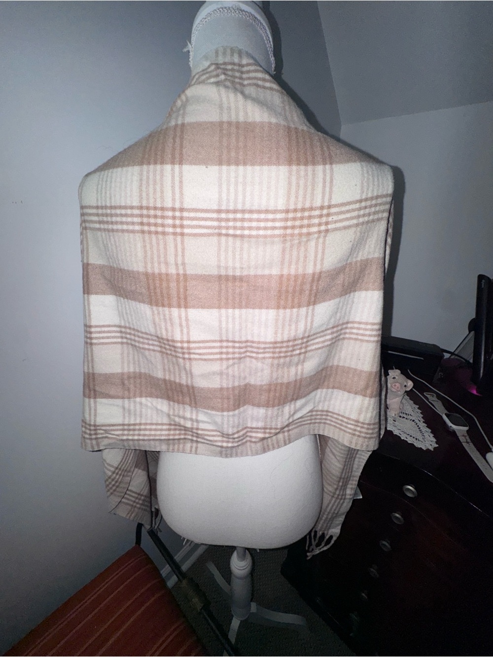 Beige and Cream Plaid Fringe Scarf - Picture 3 of 6